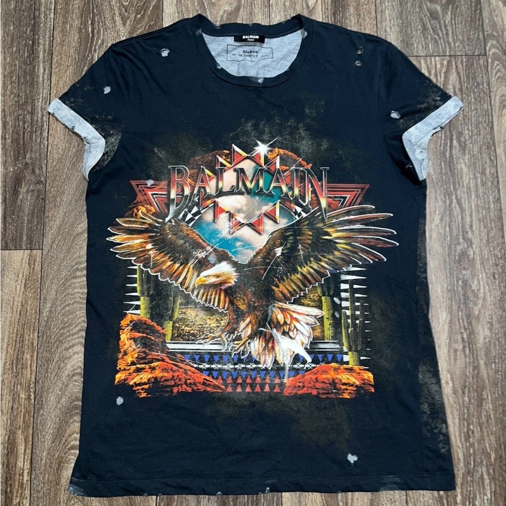 Balmain Eagle Print Vintage Effect Distressed T-Shirt
